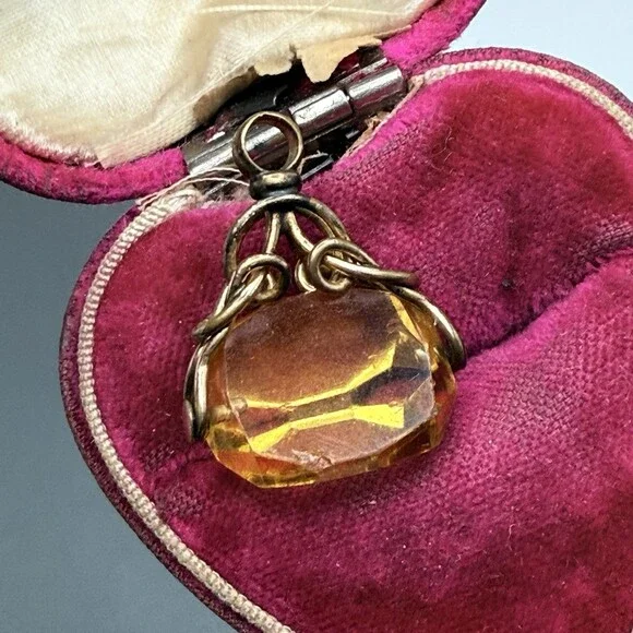 Antique Gold Fill Citrine Glass Fob Charm Pendant - Picture 3 of 15